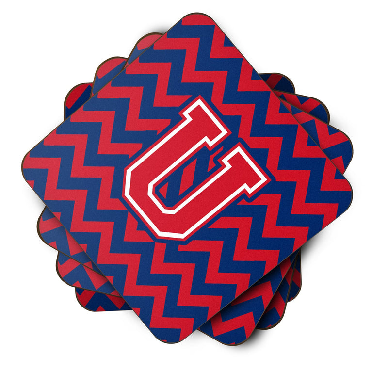 Letter U Chevron Yale Blue and Crimson Foam Coaster Set of 4 CJ1054-UFC