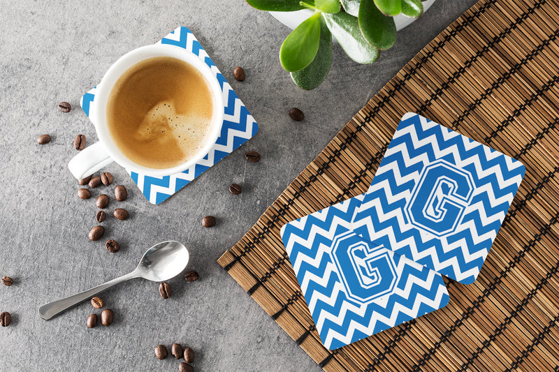 Letter G Chevron Blue and White Foam Coaster Set of 4 CJ1056-GFC