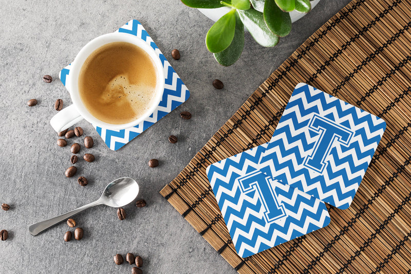 Letter T Chevron Blue and White Foam Coaster Set of 4 CJ1056-TFC