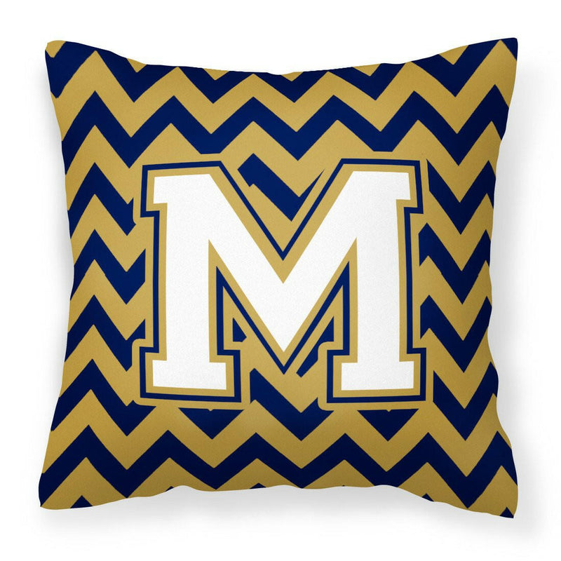 Letter M Chevron Navy Blue and Gold Fabric Decorative Pillow CJ1057-MPW1414