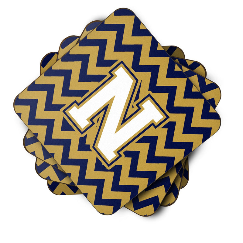 Letter N Chevron Navy Blue and Gold Foam Coaster Set of 4 CJ1057-NFC