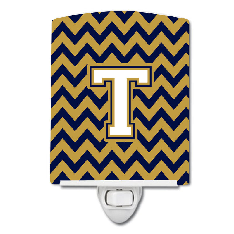 Letter T Chevron Navy Blue and Gold Ceramic Night Light CJ1057-TCNL