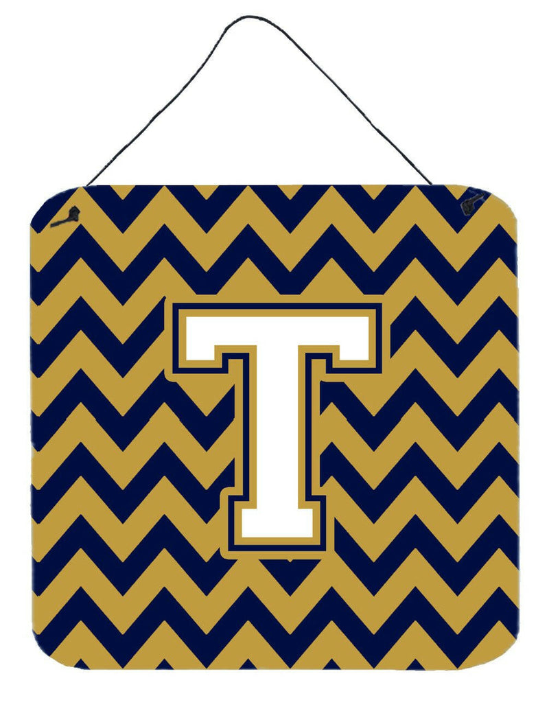 Letter T Chevron Navy Blue and Gold Wall or Door Hanging Prints CJ1057-TDS66