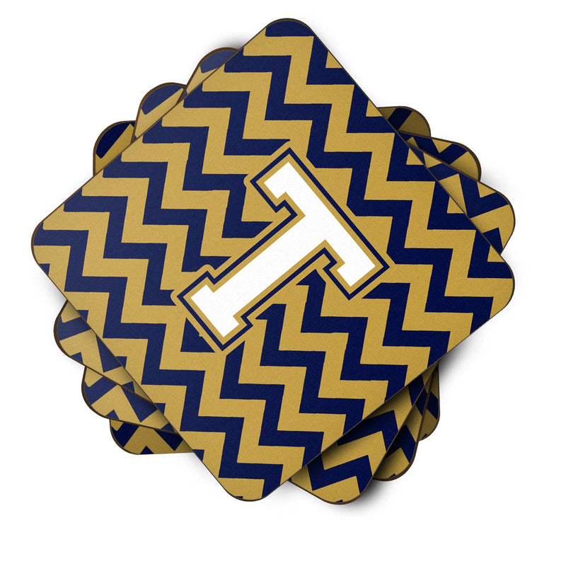 Letter T Chevron Navy Blue and Gold Foam Coaster Set of 4 CJ1057-TFC