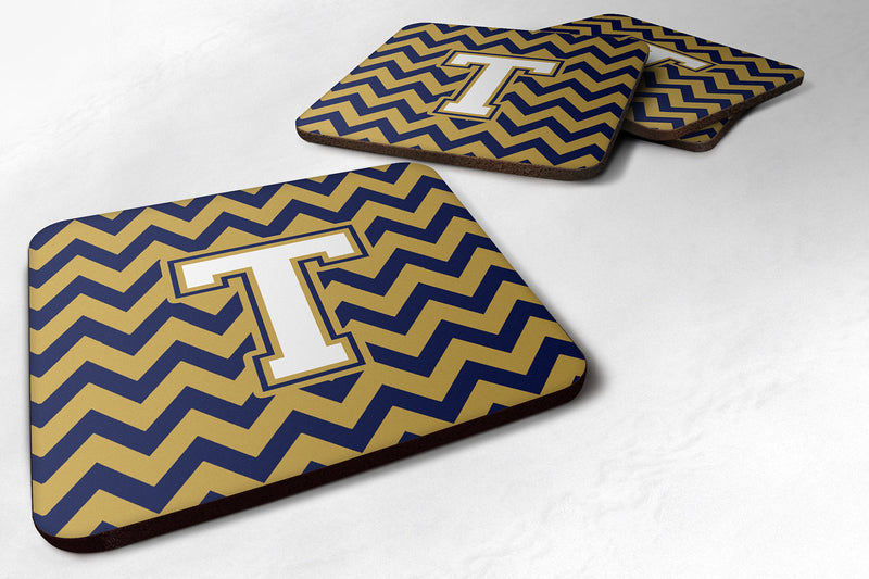 Letter T Chevron Navy Blue and Gold Foam Coaster Set of 4 CJ1057-TFC