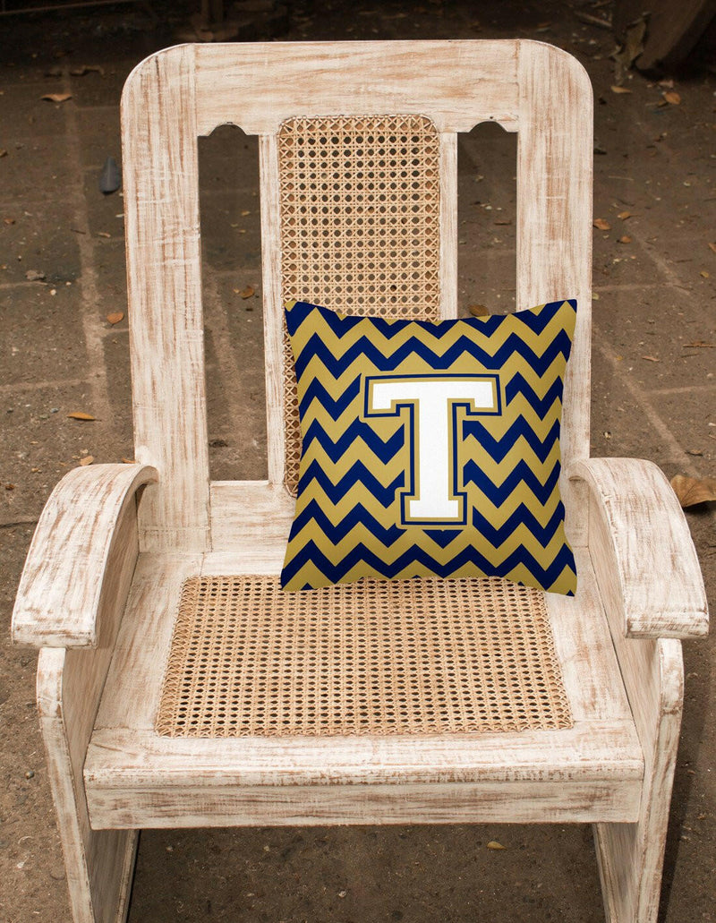 Letter T Chevron Navy Blue and Gold Fabric Decorative Pillow CJ1057-TPW1414