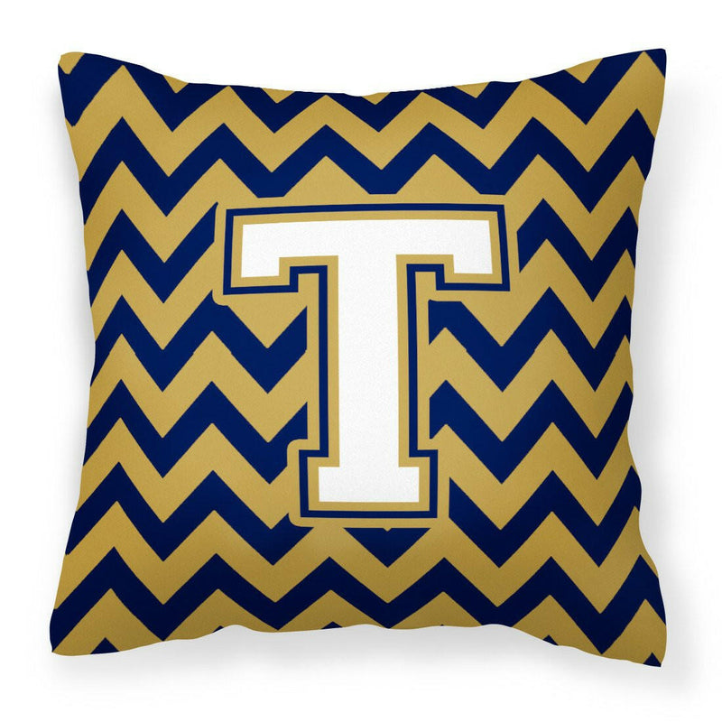 Letter T Chevron Navy Blue and Gold Fabric Decorative Pillow CJ1057-TPW1414