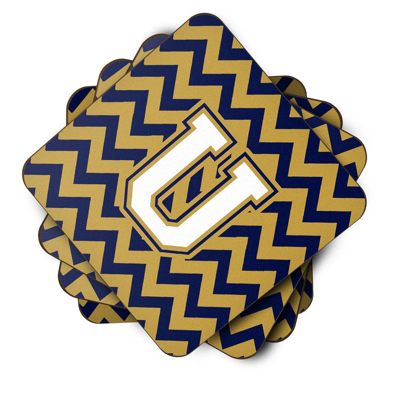 Letter U Chevron Navy Blue and Gold Foam Coaster Set of 4 CJ1057-UFC