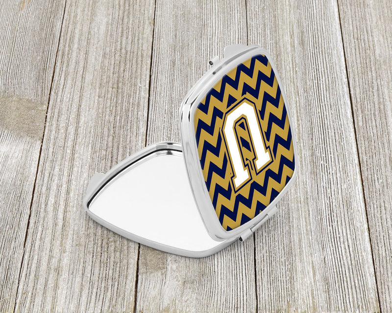 Letter U Chevron Navy Blue and Gold Compact Mirror CJ1057-USCM