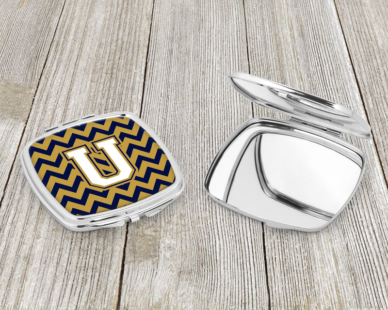 Letter U Chevron Navy Blue and Gold Compact Mirror CJ1057-USCM