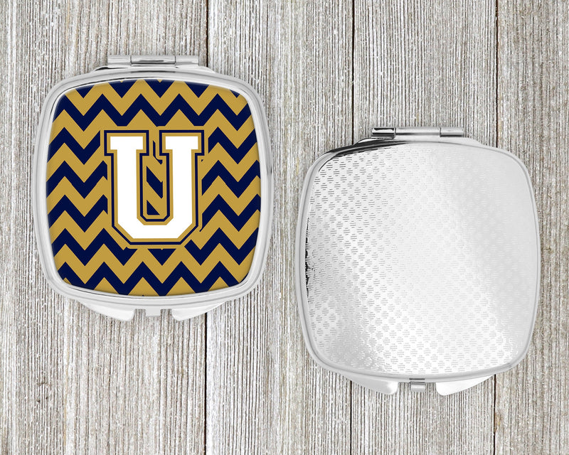 Letter U Chevron Navy Blue and Gold Compact Mirror CJ1057-USCM