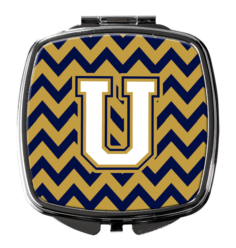 Letter U Chevron Navy Blue and Gold Compact Mirror CJ1057-USCM