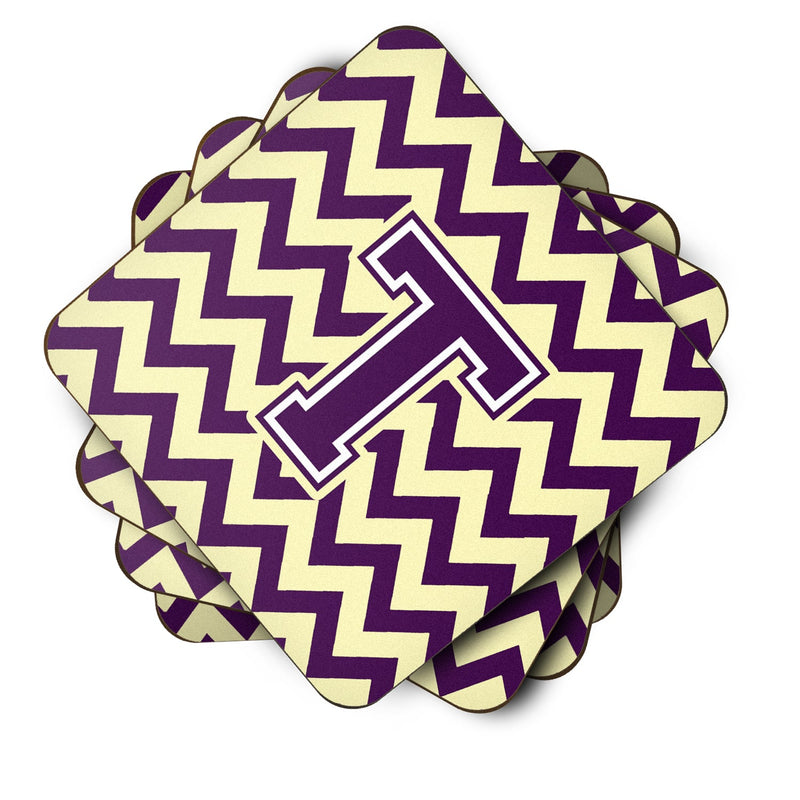 Letter T Chevron Purple and Gold Foam Coaster Set of 4 CJ1058-TFC