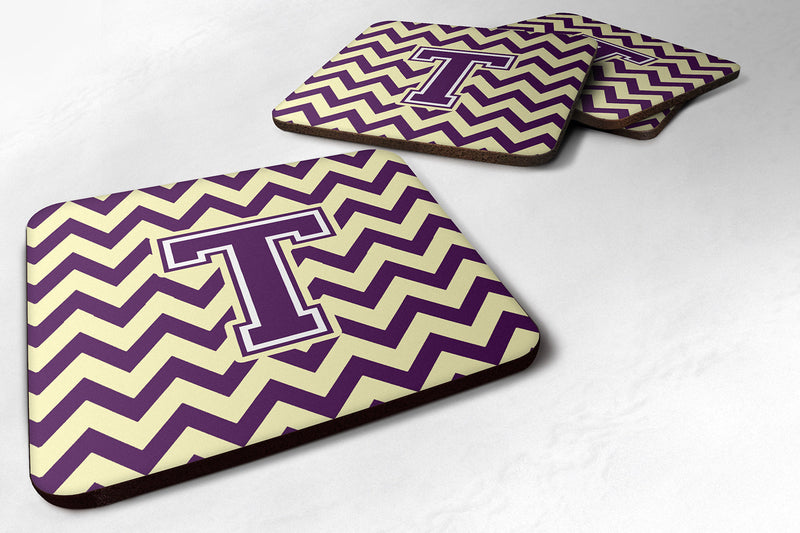 Letter T Chevron Purple and Gold Foam Coaster Set of 4 CJ1058-TFC