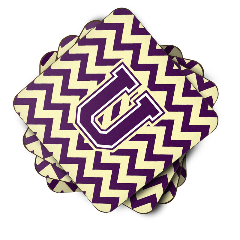 Letter U Chevron Purple and Gold Foam Coaster Set of 4 CJ1058-UFC