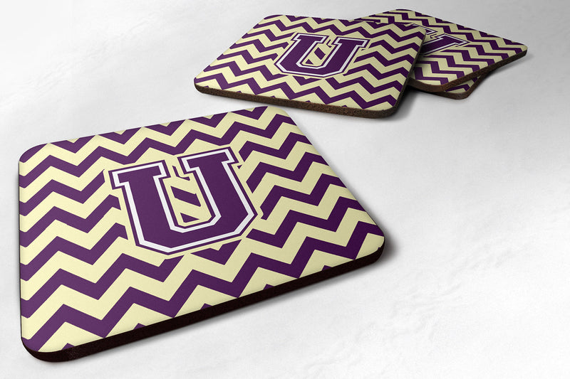 Letter U Chevron Purple and Gold Foam Coaster Set of 4 CJ1058-UFC