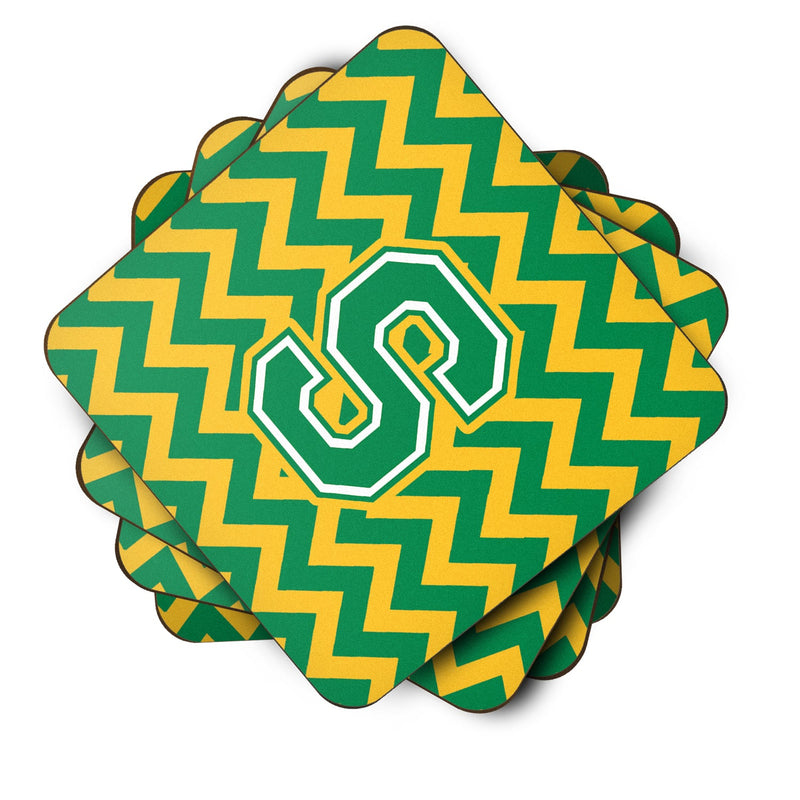 Letter S Chevron Green and Gold Foam Coaster Set of 4 CJ1059-SFC