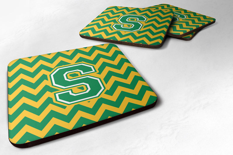 Letter S Chevron Green and Gold Foam Coaster Set of 4 CJ1059-SFC