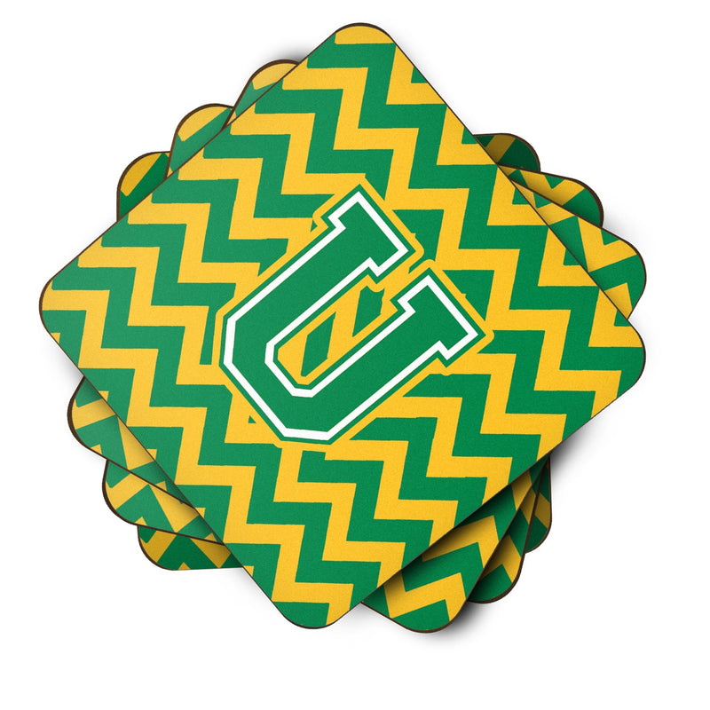 Letter U Chevron Green and Gold Foam Coaster Set of 4 CJ1059-UFC