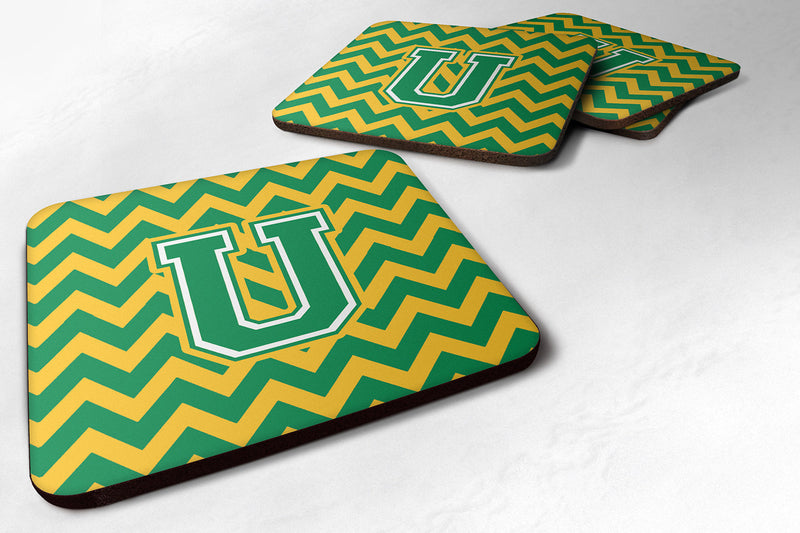 Letter U Chevron Green and Gold Foam Coaster Set of 4 CJ1059-UFC