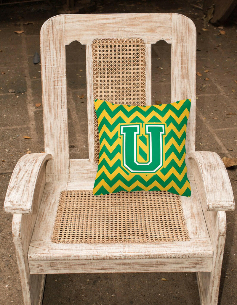 Letter U Chevron Green and Gold Fabric Decorative Pillow CJ1059-UPW1414