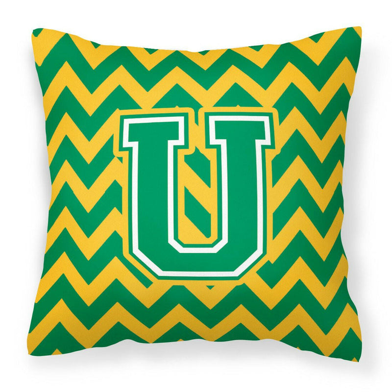 Letter U Chevron Green and Gold Fabric Decorative Pillow CJ1059-UPW1414