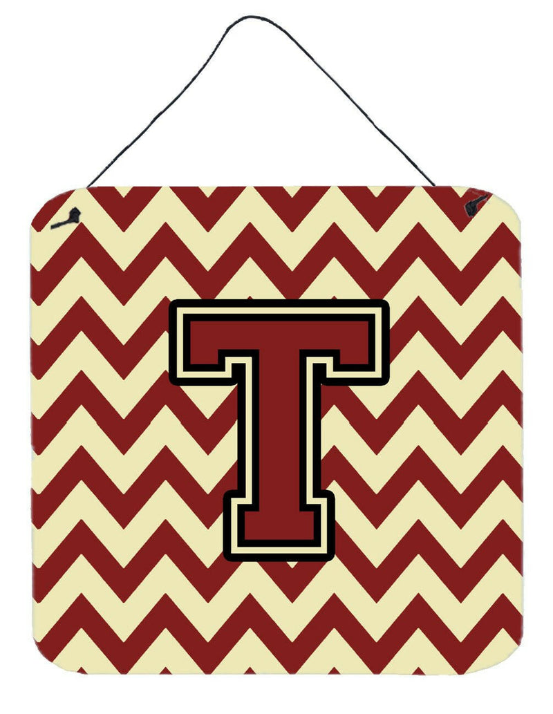 Letter T Chevron Maroon and Gold Wall or Door Hanging Prints CJ1061-TDS66