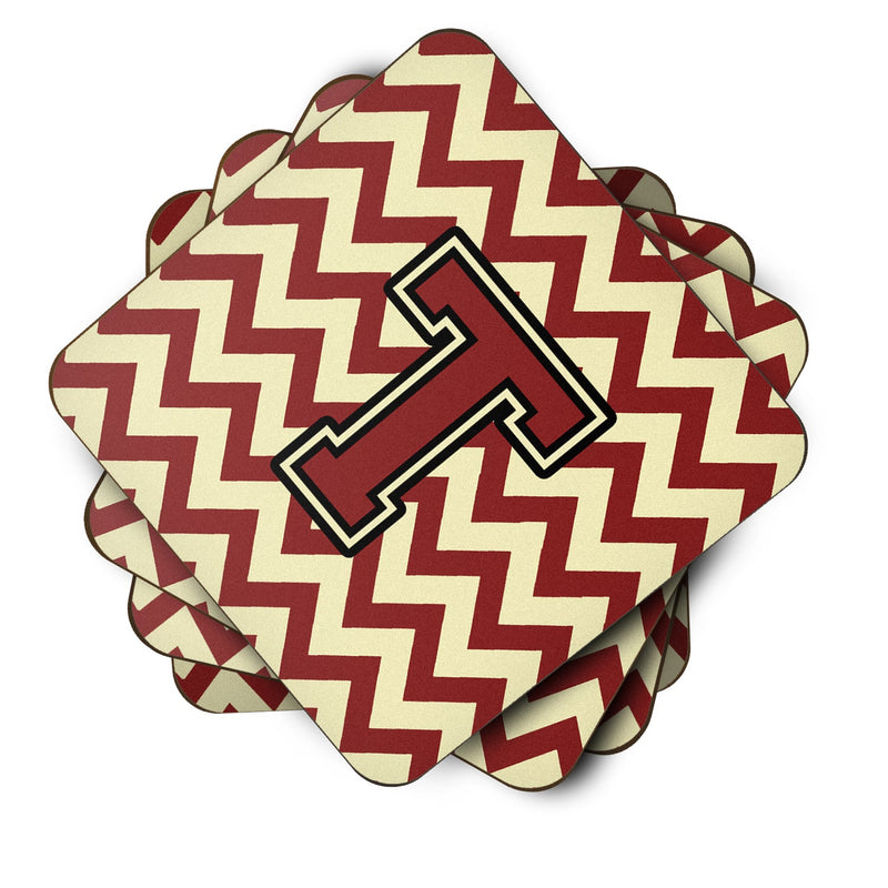 Letter T Chevron Maroon and Gold Foam Coaster Set of 4 CJ1061-TFC