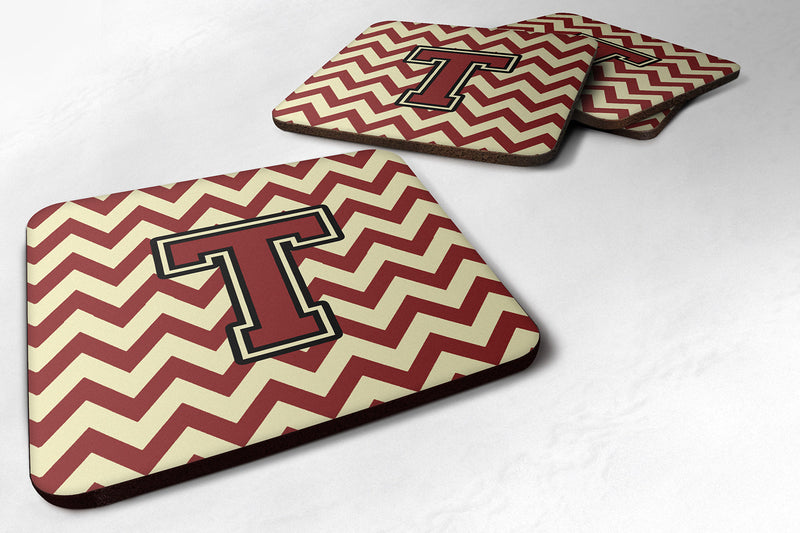 Letter T Chevron Maroon and Gold Foam Coaster Set of 4 CJ1061-TFC