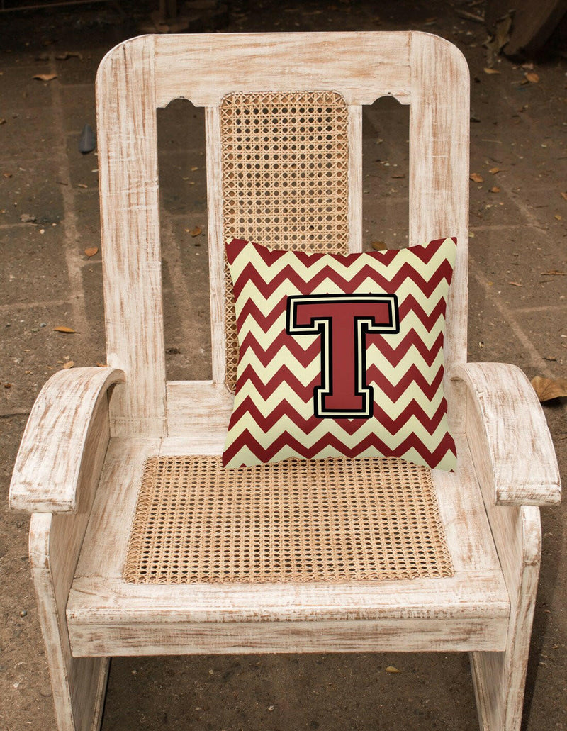 Letter T Chevron Maroon and Gold Fabric Decorative Pillow CJ1061-TPW1414