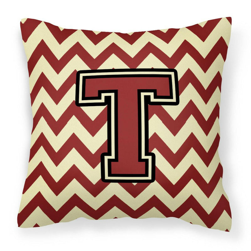 Letter T Chevron Maroon and Gold Fabric Decorative Pillow CJ1061-TPW1414