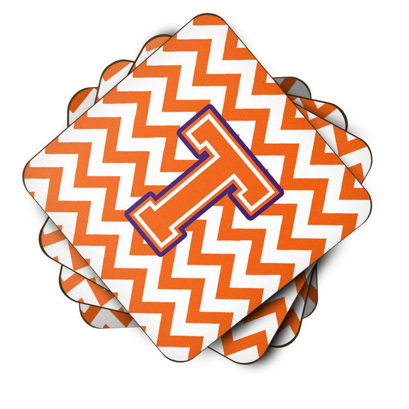 Letter T Chevron Orange and Regalia Foam Coaster Set of 4 CJ1062-TFC