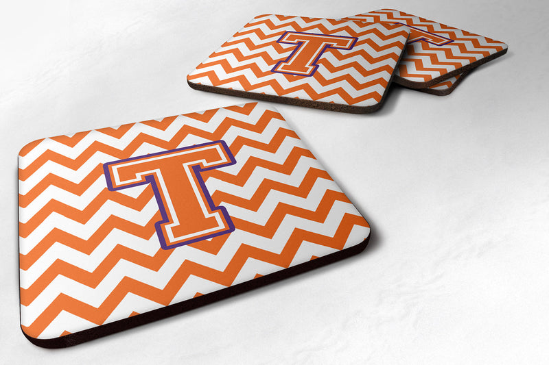 Letter T Chevron Orange and Regalia Foam Coaster Set of 4 CJ1062-TFC