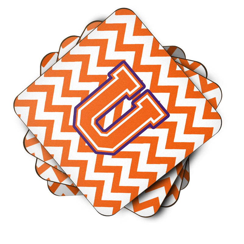 Letter U Chevron Orange and Regalia Foam Coaster Set of 4 CJ1062-UFC