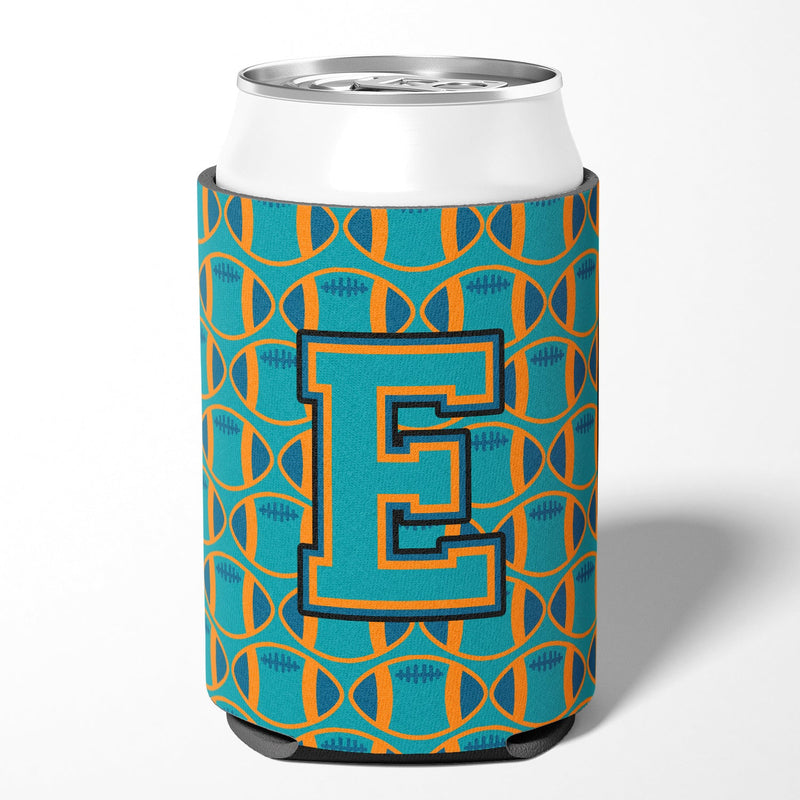 Letter E Football Aqua, Orange and Marine Blue Can or Bottle Hugger CJ1063-ECC