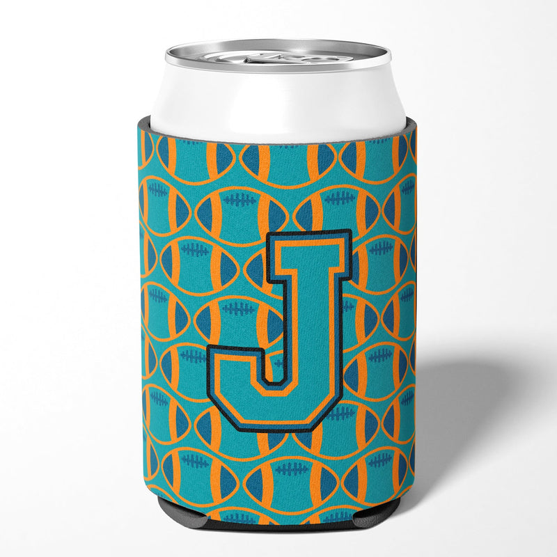 Letter J Football Aqua, Orange and Marine Blue Can or Bottle Hugger CJ1063-JCC