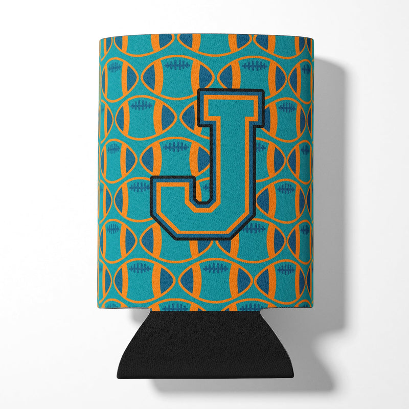 Letter J Football Aqua, Orange and Marine Blue Can or Bottle Hugger CJ1063-JCC