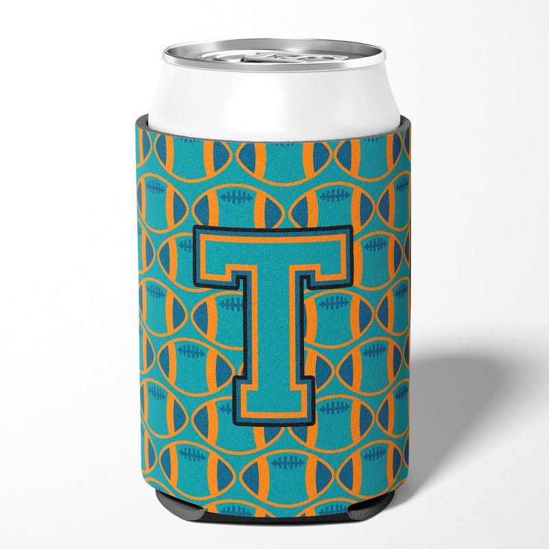 Letter T Football Aqua, Orange and Marine Blue Can or Bottle Hugger CJ1063-TCC