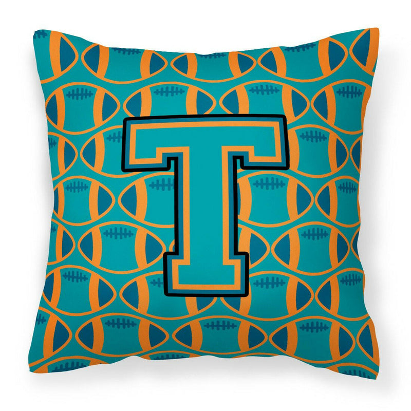 Letter T Football Aqua, Orange and Marine Blue Fabric Decorative Pillow CJ1063-TPW1414