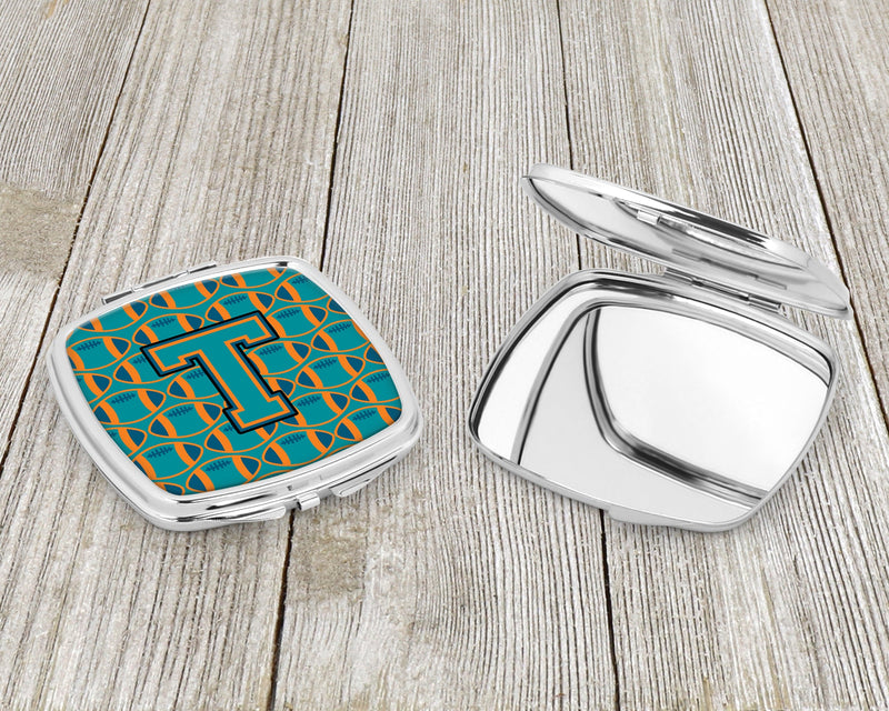 Letter T Football Aqua, Orange and Marine Blue Compact Mirror CJ1063-TSCM