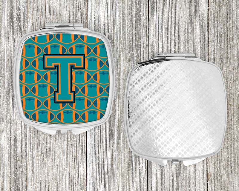 Letter T Football Aqua, Orange and Marine Blue Compact Mirror CJ1063-TSCM