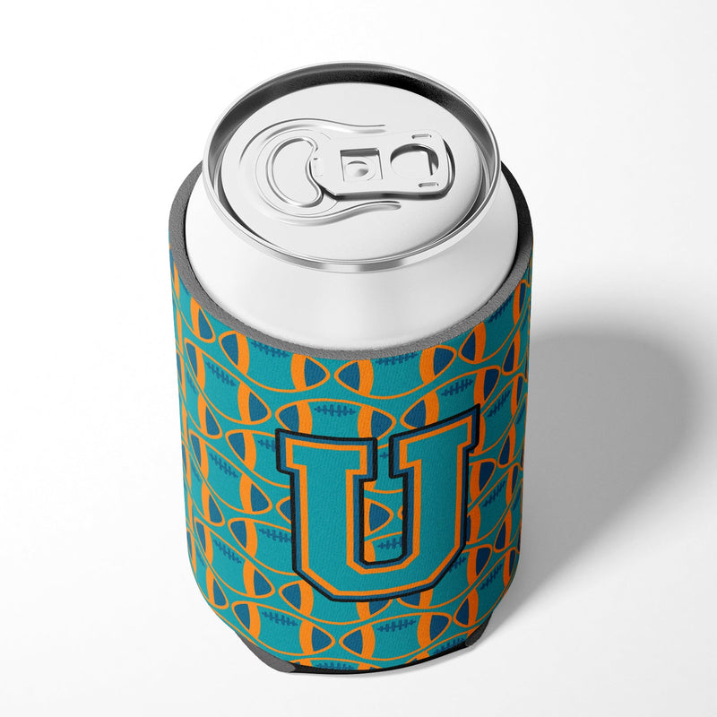 Letter U Football Aqua, Orange and Marine Blue Can or Bottle Hugger CJ1063-UCC