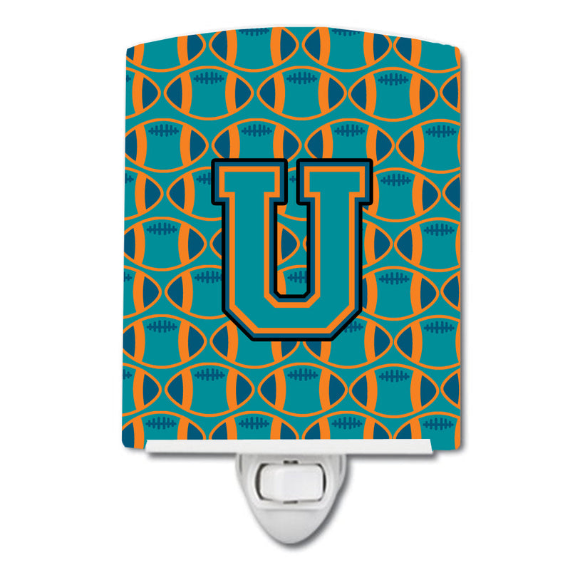 Letter U Football Aqua, Orange and Marine Blue Ceramic Night Light CJ1063-UCNL