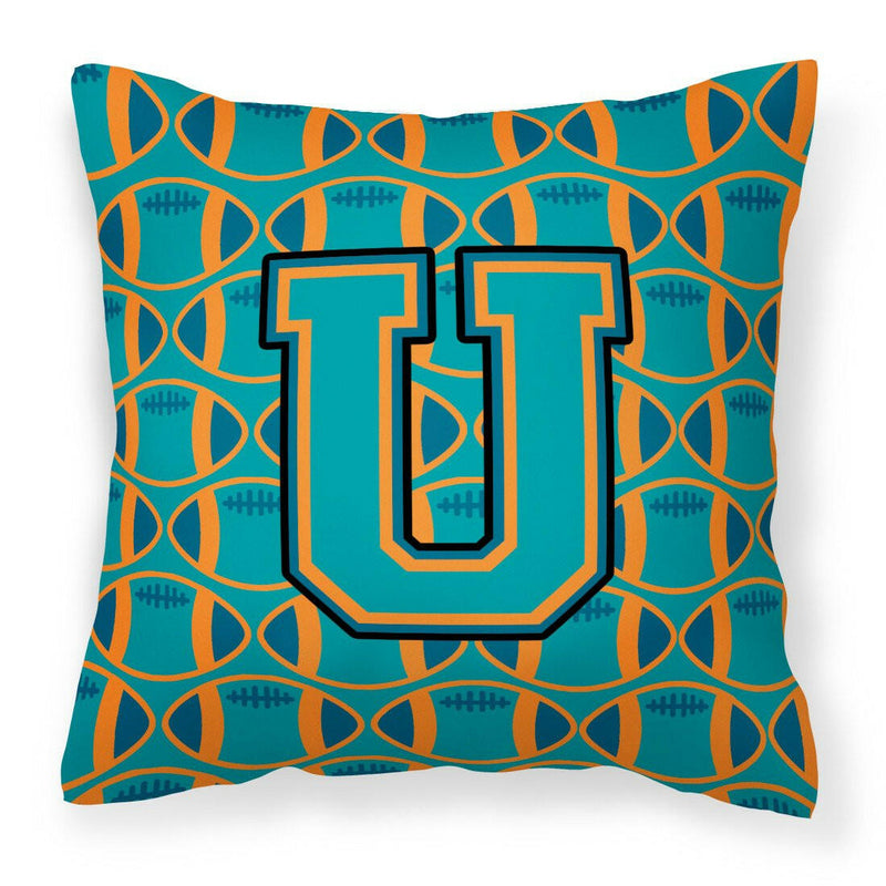 Letter U Football Aqua, Orange and Marine Blue Fabric Decorative Pillow CJ1063-UPW1414