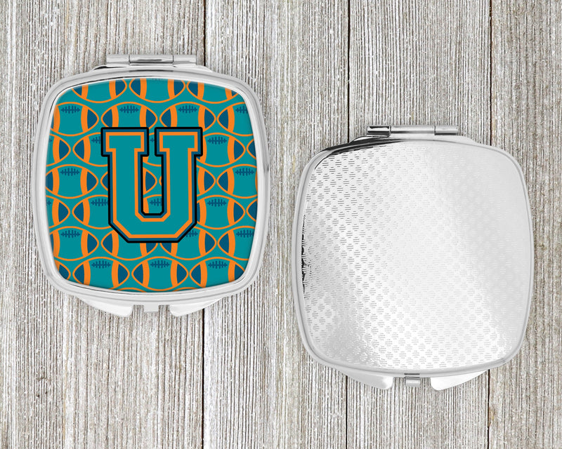 Letter U Football Aqua, Orange and Marine Blue Compact Mirror CJ1063-USCM