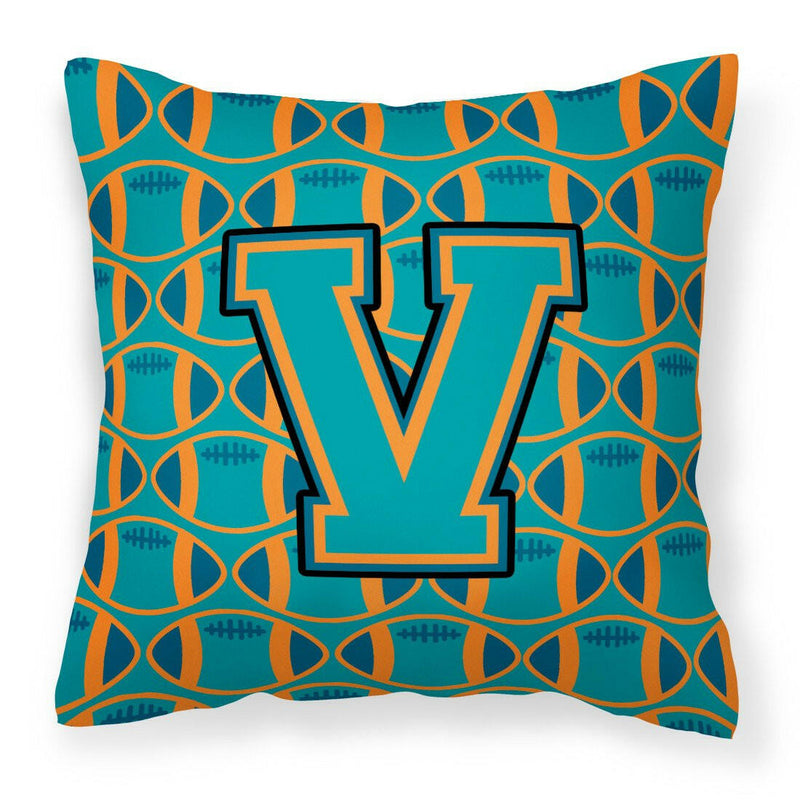 Letter V Football Aqua, Orange and Marine Blue Fabric Decorative Pillow CJ1063-VPW1414