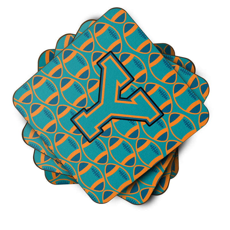 Letter Y Football Aqua, Orange and Marine Blue Foam Coaster Set of 4 CJ1063-YFC