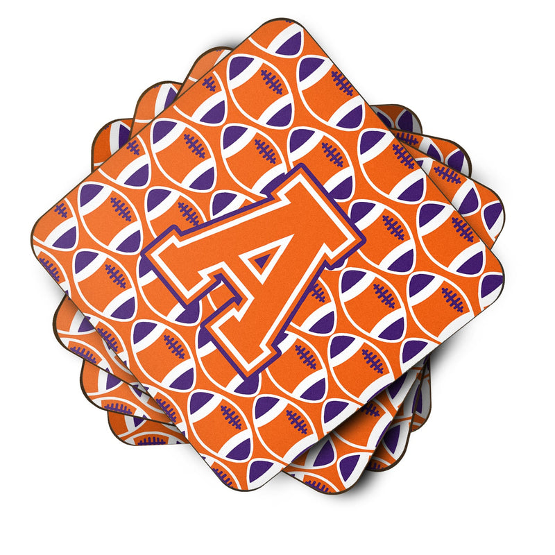 Letter A Football Orange, White and Regalia Foam Coaster Set of 4 CJ1072-AFC