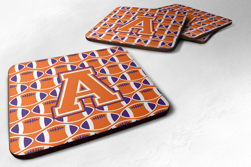 Letter A Football Orange, White and Regalia Foam Coaster Set of 4 CJ1072-AFC