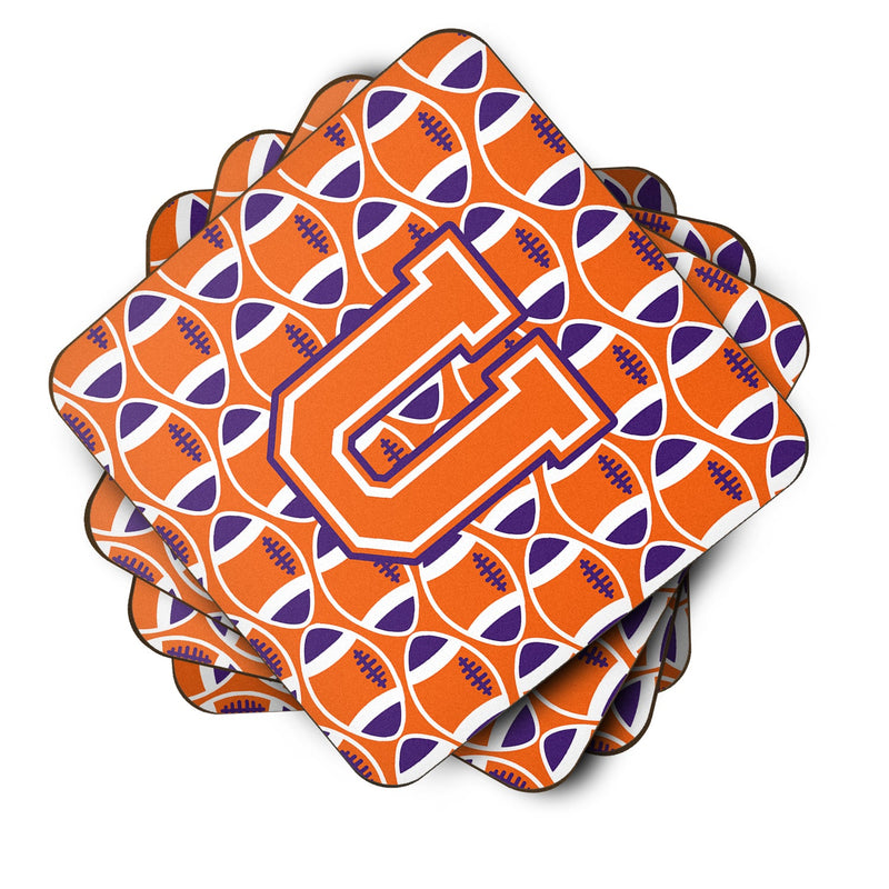 Letter U Football Orange, White and Regalia Foam Coaster Set of 4 CJ1072-UFC